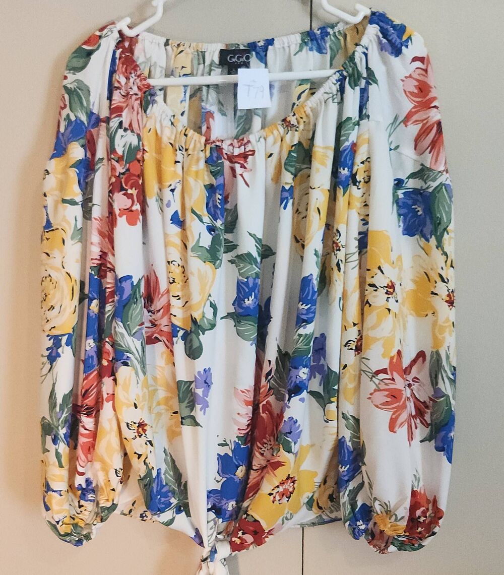 T79 GIGIO Floral Elastic Off-Shoulder Tie-Hem Blouse Multi Floral lantern sleeve